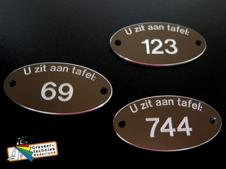 Aluminium tafelnummerplaatje (u zit aan tafel..), ovaal 50x25x2mm, kleur bv bronskleurig.